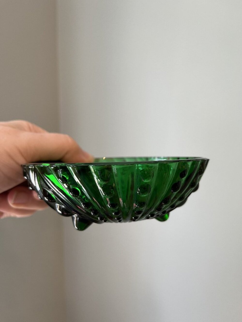 Vintage Anchor Hocking Emerald Glass Bowl Forest Green Burple Bubble Footed Dish